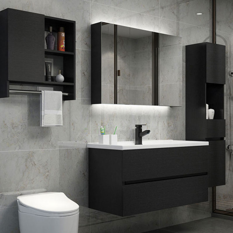 black wood grain wall-hang bathroom cabinet