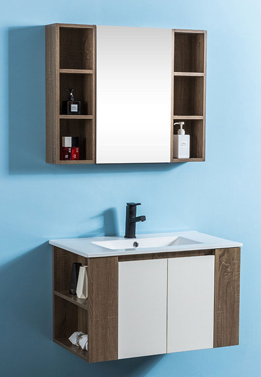 white and wooden grain bathroom cabinet