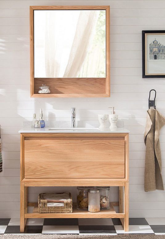 wooden bathroom cabinet and mirror